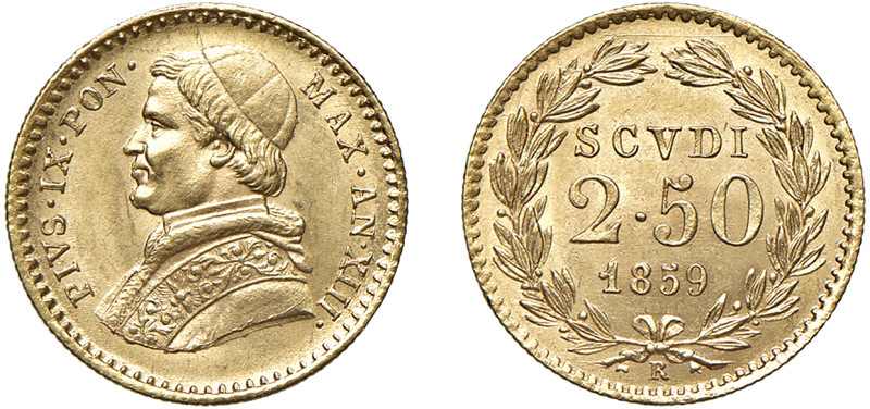 PIO IX (1846-1870) - 2,5 scudi 1859, anno XXIII, Roma
Oro
Gigante 28
q.FDC