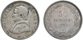PIO IX (1846-1870) - 50 baiocchi 1853, anno VIII, Roma
Argento
Gigante 71 Raro
q.BB