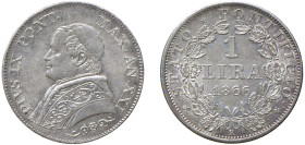 PIO IX (1846-1870) - 1 lira 1866, anno XXI, busto medio
Argento
Gigante 296 Rara
Lieve segnetto al /D
Sigillata FDC dal perito Luca Luciani