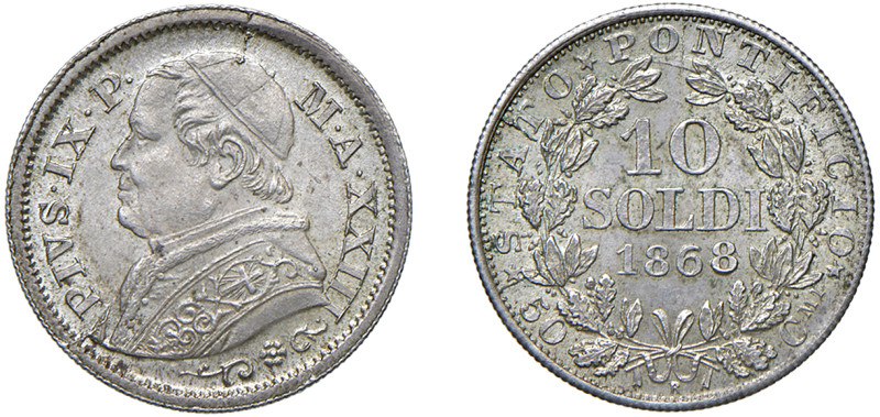 PIO IX (1846-1870) - 10 soldi 1869
Argento
Gigante 310a Molto raro
Bell'esemp...