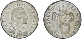VITTORIO AMEDEO III (1773-1796) - 20 soldi 1796
Mistura
Cudazzo 1100c (non comune)
Usuali debolezze di conio ma bella argentatura.
SPL-FDC