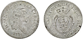 VITTORIO AMEDEO III (1773-1796) - 7,6 soldi 1793
Mistura
Cudazzo 1103h Raro
Esemplare di eccezionale conservazione
q.FDC-FDC
