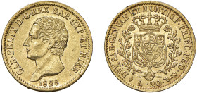 CARLO FELICE (1821-1831) - 20 lire 1828, Torino
Oro
Gigante 29
Contatti e debolezza di conio al /D. Ottimo lustro di conio
Complessivamente SPL