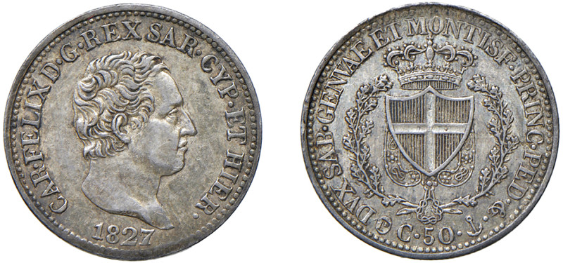CARLO FELICE (1821-1831) - 50 centesimi 1827, Genova
Argento
Gigante 90
Bella...
