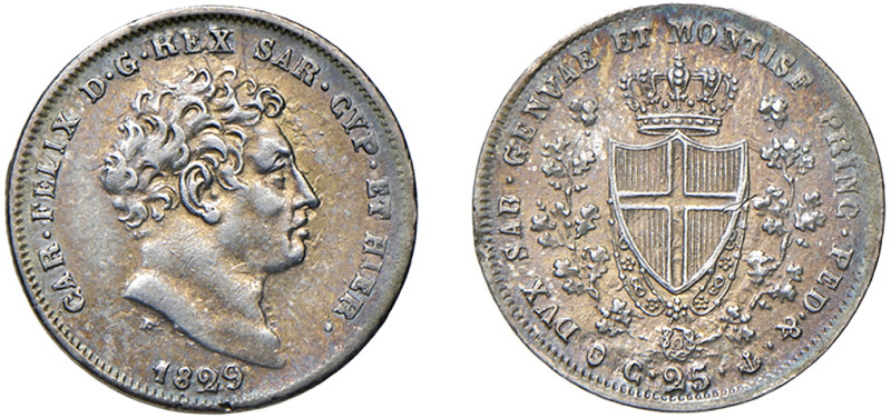 CARLO FELICE (1821-1831) - 25 centesimi 1829, Genova
Argento
Gigante 101 Raro...