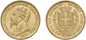 VITTORIO EMANUELE II, Re di Sardegna (1849-1861) - 20 lire 1857, Torino
Oro
Gigante 14
SPL-FDC