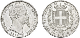 VITTORIO EMANUELE II, Re di Sardegna (1849-1861) - 5 lire 1850, Genova
Argento
Gigante 30 Raro
q.FDC