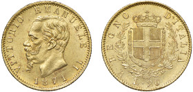 VITTORIO EMANUELE II (1861-1878) - 20 lire 1871, Roma
Oro
Gigante 16 Raro
Lievi contatti ma esemplare di notevole freschezza
SPL-FDC