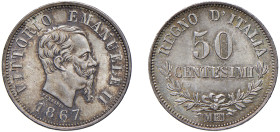 VITTORIO EMANUELE II (1861-1878) - 50 centesimi 1867, Milano
Argento
Gigante 80
Bella patina di vecchia raccolta
Praticamente FDC