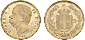 UMBERTO I (1878-1900) 50 lire 1891
Oro
Gigante 8 Rarissimo
Segnetti al /D ma bell'esemplare dai fondi lucenti
Sigillato q.FDC dal Perito Erpini Gi...