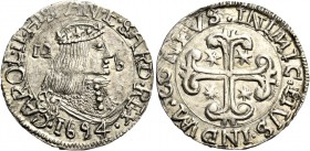 Monete di zecche italiane
Cagliari 
Carlo II di Spagna, 1665-1700.  Da 2 reali e ½ 1694,  AR 5,94 g.  CAROL II HISP Έ SARD REX  Busto coronato a d.;...
