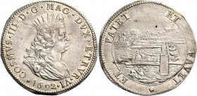 Monete di zecche italiane
Livorno 
Cosimo III de’Medici, 1670-1723.  Tollero 1692,  AR 27,97 g.  COSMVS III MAG DVX ETRVR VI  Busto radiato e drappe...