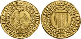 Monete di zecche italiane
Messina 
Costanza di Svevia e Pietro III d’Aragona, 1282-1285.  Pierreale,  AV 4,38 g.  Due linee di legenda. L’interna: +...