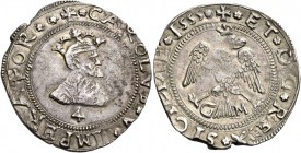 Monete di zecche italiane
Messina 
(§)   Emissioni successive all’ordinanza del 13 febbraio 1531.  Da 4 tarì 1555,  AR 11,67 g.  CAROLVS V IMPERATOR...