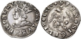 Monete di zecche italiane
Messina 
(§)   Emissioni successive all’ordinanza del 13 febbraio 1531.  Tarì 1535,  AR 2,84 g.  CAROLVS IMPERATO  Busto g...