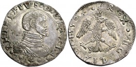 Monete di zecche italiane
Messina 
(§)   Filippo II di Spagna, 1556-1598.  Da 4 tarì 1556,  AR 11,63 g.  PHILIPPVS D GRATIA  Busto corazzato a d.; s...