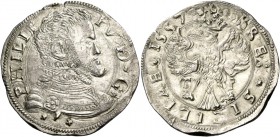 Monete di zecche italiane
Messina 
(§)   Filippo II di Spagna, 1556-1598.  Da 4 tarì 1557,  AR 11,72 g.  PHILIP – PVS D G  Busto corazzato a d.; sot...