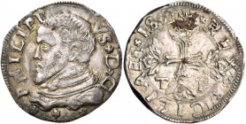 Monete di zecche italiane
Messina 
(§)   Filippo II di Spagna, 1556-1598.  Da 3 tarì 1562,  AR 8,77 g.  PHILIPP – VS D G  Busto corazzato a s.; sott...
