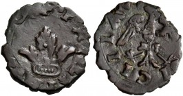 Monete di zecche italiane
Messina 
Filippo II di Spagna, 1556-1598.  Da 2 piccioli,  Æ 1,50 g.  Corona fogliata.  Rv. Aquila coronata ad ali spiegat...