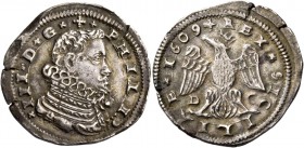 Monete di zecche italiane
Messina 
(§)   Filippo III di Spagna, 1598-1621.  Da 4 tarì 1609,  AR 10,33 g. PHILIP – III D G  Busto drappeggiato e cora...