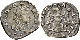 Monete di zecche italiane
Messina 
(§)   Filippo III di Spagna, 1598-1621.  Da 2 tarí 1609,  AR 5,19 g.  PHILIP – III D G  Busto drappeggiato e cora...