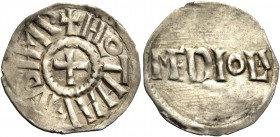 Monete di zecche italiane
Milano 
Lotario I imperatore, 840-855.  Denaro,  AR 1,39 g.  HLOTHARIVSIMP  Croce patente.  Rv. [ME]DIOLA  nel campo.  CNI...
