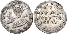 Monete di zecche italiane
Napoli 
Carlo d’Absburgo, re di Spagna, Napoli etc. 1516-1554, V come imperatore dal 1519.  Carlino,  AR 3,59 g.  CAROLVS ...