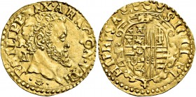 Monete di zecche italiane
Napoli 
(§)   II periodo: re di Spagna e di Napoli 1556-1598.  Scudo,  AV 3,36 g.  PHILIPP REX ARAGON VTR  Testa a d.; die...
