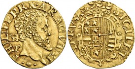 Monete di zecche italiane
Napoli 
(§)   II periodo: re di Spagna e di Napoli 1556-1598.  Scudo,  AV 3,38 g.  PHILIPP REX ARAG VTRI  Testa a d.; diet...