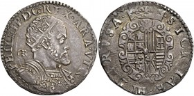 Monete di zecche italiane
Napoli 
(§)   II periodo: re di Spagna e di Napoli 1556-1598.  Mezzo ducato 1575,  AR 14,83 g.  PHILIPP D G REX ARA VTR  B...