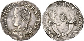 Monete di zecche italiane
Napoli 
(§)   Filippo III di Spagna, 1598-1621.  Tarì 16…,  AR 5,95 g.  PHILIP III D G REX ARA VT SI  Busto giovanile radi...