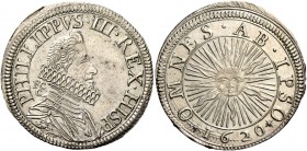 Monete di zecche italiane
Napoli 
(§)   Filippo III di Spagna, 1598-1621.  Tarì 1620,  AR 5,93 g.  PHILIPP III REX HISP  Busto adulto corazzato a d....