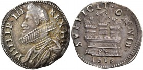 Monete di zecche italiane
Napoli 
(§)   Filippo III di Spagna, 1598-1621.  Da 15 grani 1618,  AR 3,67 g.  PHILIP III – REX HI  Busto adulto drappegg...