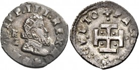 Monete di zecche italiane
Napoli 
(§)   Filippo III di Spagna, 1598-1621.  Da 3 cinquine,  AR 2,04 g.  PHILIPP III REX HI  Busto giovanile radiato e...