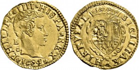 Monete di zecche italiane
Napoli 
(§)   Filippo IV di Spagna, 1621-1665.  Scudo 1624,  AV 3,37 g.  PHILIP IIII HISPA REX  Testa giovanile a d.; diet...