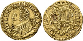 Monete di zecche italiane
Napoli 
(§)   Filippo IV di Spagna, 1621-1665.  Scudo 1642,  AV 3,36 g.  - PHILIPPVS IIII D G REX  Busto adulto, corazzato...