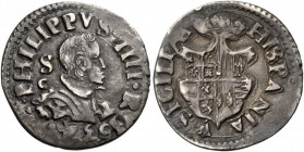 Monete di zecche italiane
Napoli 
(§)   Filippo IV di Spagna, 1621-1665.  Carlino 1634,  AR 2,86 g.  PHILIPPVS IIII R 1634  Busto adulto corazzato a...