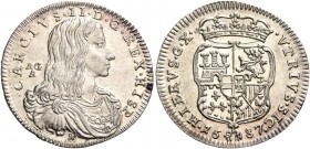 Monete di zecche italiane
Napoli 
(§)   II periodo: Carlo da solo, 1674-1700.  Carlino 1687,  AR 2,54 g.  CAROLVS II D G REX HISP  Busto drappeggiat...