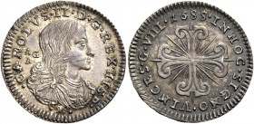 Monete di zecche italiane
Napoli 
(§)   II periodo: Carlo da solo, 1674-1700.  Da 8 grani 1688,  AR 2,08 g.  CAROLVS II D G REX HISP  Busto drappegg...