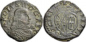 Monete di zecche italiane
Napoli 
(§)   II periodo: Carlo da solo, 1674-1700.  Grano 1674,  Æ 9,27 g.  CAROLVS II D G REX  Busto drappeggiato e cora...