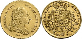 Monete di zecche italiane
Napoli 
Carlo di Borbone, 1734-1759.  Da 6 ducati 1755,  AV 8,79 g.  CAR D G UTR – SIC ET HIER REX  Busto drappeggiato a d...