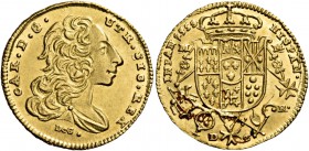Monete di zecche italiane
Napoli 
Carlo di Borbone, 1734-1759.  Da 2 ducati 1753,  AV 2,93 g.  CAR D G UTR – SIC ET HIER REX  Busto drappeggiato a d...