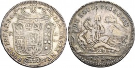 Monete di zecche italiane
Napoli 
Carlo di Borbone, 1734-1759.  Piastra 1734,  AR 25,07 g.  CAR D G REX NEA – HISP INFANS & c  Stemma coronato: ai l...