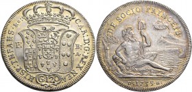 Monete di zecche italiane
Napoli 
Carlo di Borbone, 1734-1759.  Piastra 1735,  AR 25,30 g.  CAR D G REX NEA – HISP INFANS & c  Stemma coronato: ai l...