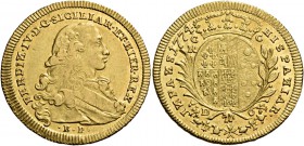 Monete di zecche italiane
Napoli 
Ferdinando IV poi I di Borbone, 1759-1825. I periodo: 1759-1799.  Da 6 ducati 1774,  AV 8,79 g.  FERDINAN IV D G S...
