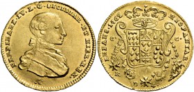 Monete di zecche italiane
Napoli 
Ferdinando IV poi I di Borbone, 1759-1825. I periodo: 1759-1799.  Da 4 ducati 1763 (3 su 2),  AV 5,86 g.  FERDINAN...