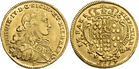 Monete di zecche italiane
Napoli 
Ferdinando IV poi I di Borbone, 1759-1825. I periodo: 1759-1799.  Da 4 ducati 1774,  AV 5,86 g.  FERDIN IV D G SIC...