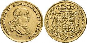 Monete di zecche italiane
Napoli 
Ferdinando IV poi I di Borbone, 1759-1825. I periodo: 1759-1799.  Da 2 ducati 1762,  AV 2,45 g.  FERDINAND IV D G ...