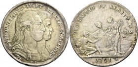 Monete di zecche italiane
Napoli 
Ferdinando IV poi I di Borbone, 1759-1825. I periodo: 1759-1799.  Piastra 1791,  AR 27,06 g.  FERDINANDVS IV ET MA...