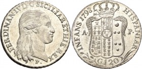 Monete di zecche italiane
Napoli 
Ferdinando IV poi I di Borbone, 1759-1825. I periodo: 1759-1799.  Piastra 1798,  AR 27,41 g.  FERDINAN IV D G SICI...